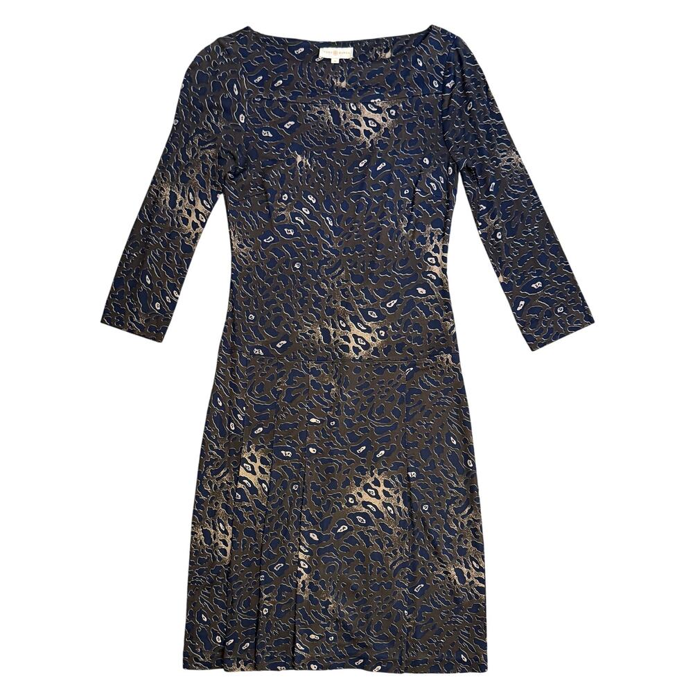 Tory Burch Denise Dress Leopard Print Rayon Pleated Skirt Boatneck Brown Size XS